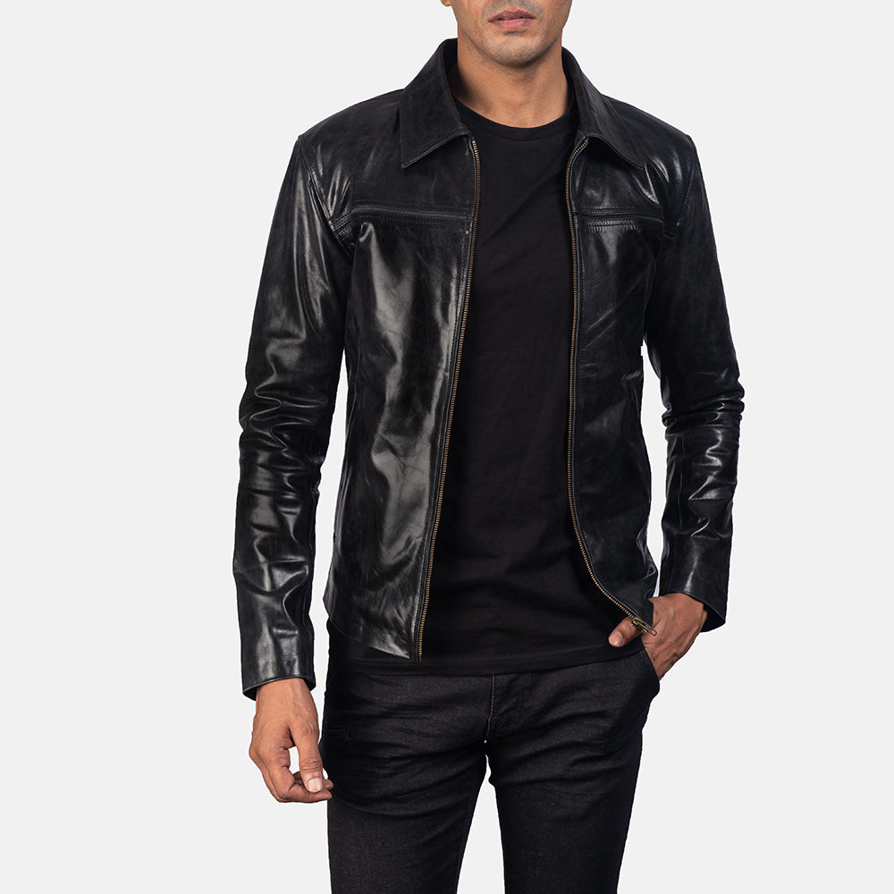 Mens Real Leather Casual Biker Style Jacket Andy Black (S